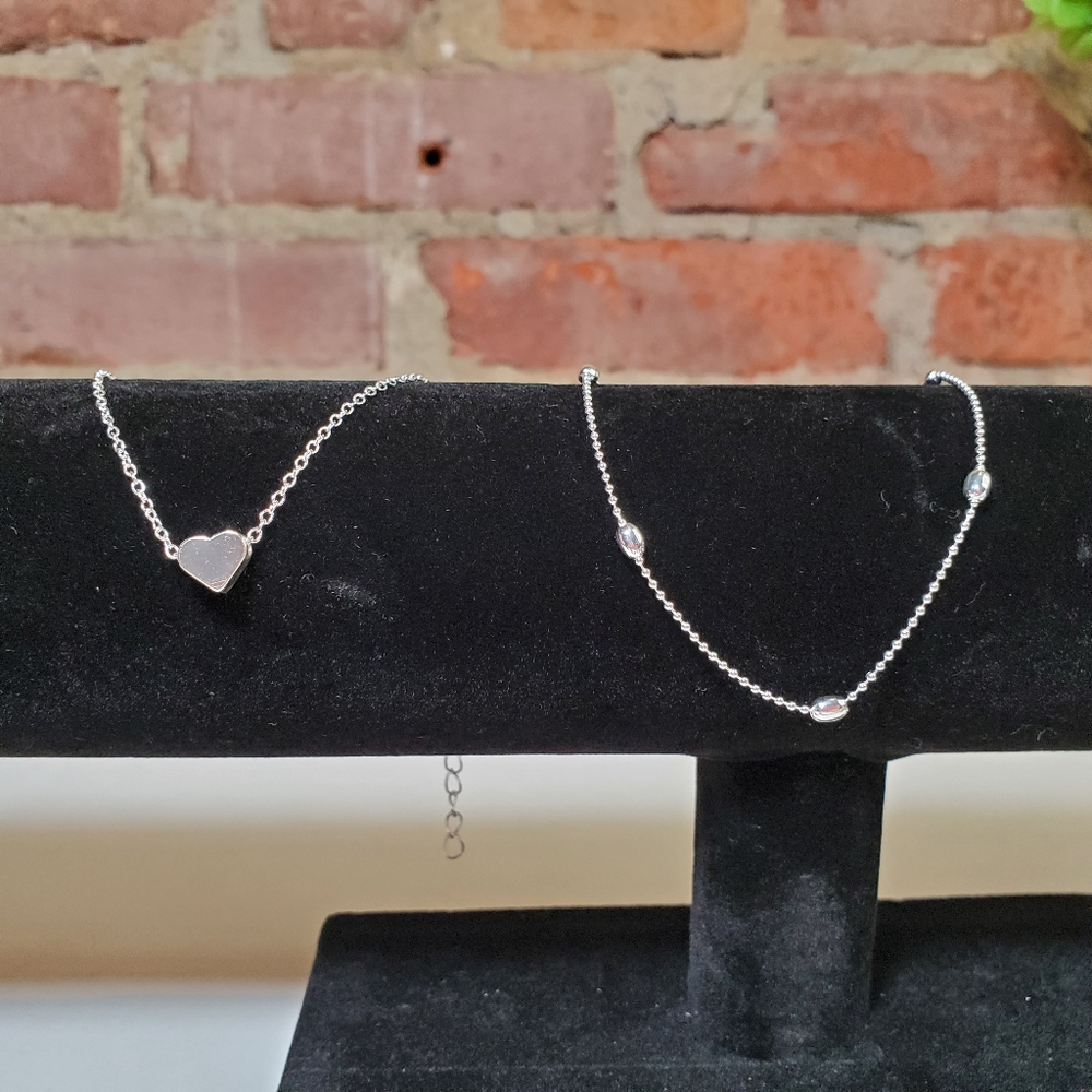 Silver tone ankle bracelet set heart charm